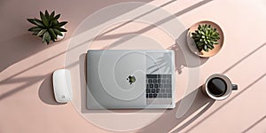 Minimalist Workspace: Laptop, Plants, Coffee, and Sunlight