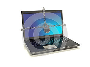 Laptop chains to lock the screen 3 d render