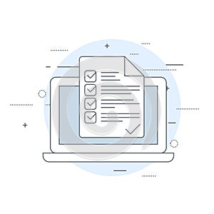 Laptop and checklist - inspection or verification icon