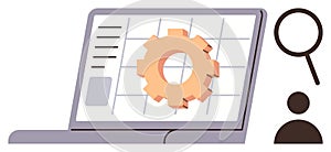 Gear on Laptop Screen Representing Data Analysis and Optimization with Team Collaboration