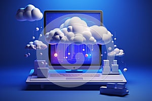 Laptop with cloud computing concept. 3d illustration. Blue background. Ai generative