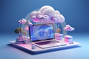 Laptop with cloud computing concept. 3d illustration. Blue background. Ai generative