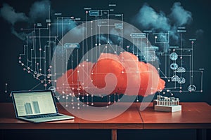 Laptop and cloud computing concept. 3d rendering toned image double exposure, Datos en la nube y red, Concepto de ciencia y