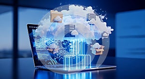 Laptop with Cloud Computing Concept and Data Storage Visualization