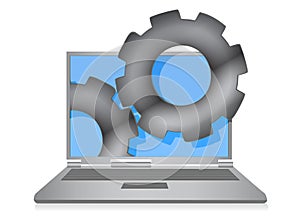 Laptop cloud computing gears illustration