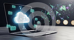 Laptop with cloud computing icon and data transfer visualization, representing modern digital storage and network technology