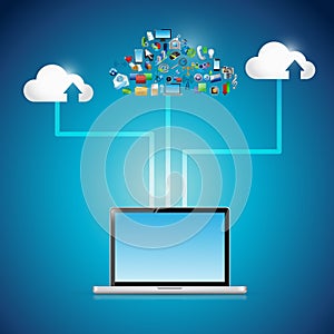 Laptop cloud computing icon network illustration