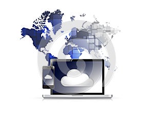 Laptop cloud computing world map illustration