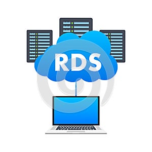 Laptop with a cloud with RDS on it. Remote Desktop Services. Vector stock illustration