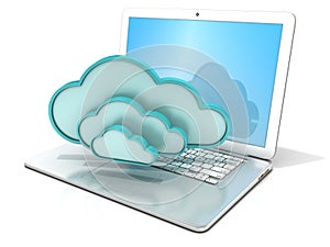 Laptop with clouds 3D computer icon. Concept of cloud computing