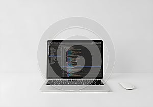 Laptop with Code Interface on Minimal White Desk