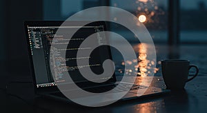 Laptop with Code and Mug on Desk