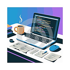 Laptop with code on screen and coffee cup on desk computer coding