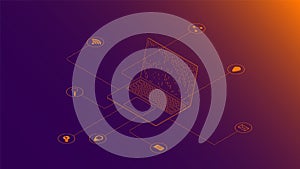 A laptop with a code on the screen. Next to the device are icons of applications for interacting with each other