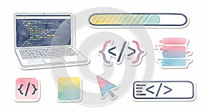 Laptop with code stickers and programming icons
