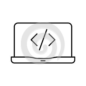 Laptop With Code Symbol Line Icon. Software Development, Programming, And Coding Outline Symbol. Technology And