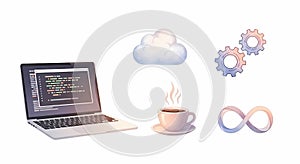 Laptop coding cloud gears coffee infinity symbol