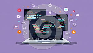 Laptop with coding screens and icons, representing software development and digital technology