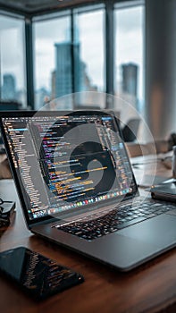 Laptop with coding software on wooden desk