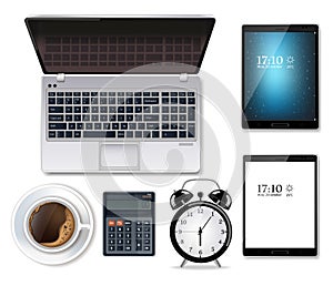 Laptop, coffee cup and alarm clock Vector realistic. Product placement mock up. Office desk. top view 3d illustrations