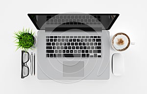 Laptop, coffee cup, glasses, pen and pencil on white office desk table, top view, 3d rendering