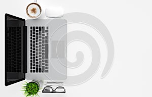 Laptop, coffee cup, glasses, pen and pencil on white office desk table, top view, copy space, 3d rendering