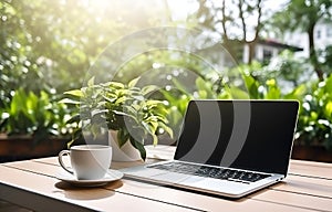 laptop, coffee cup and plant on white wooden table, office work concept