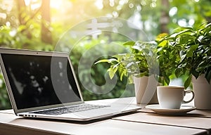 laptop, coffee cup and plant on white wooden table, office work concept