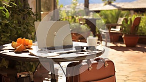 Laptop and coffee on a table in an outdoor cafe, summer vacation.