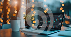 Laptop and Coffee by Window With Lights