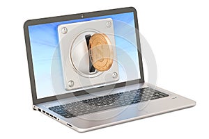 Laptop with coin acceptor, payment concept. 3D rendering photo
