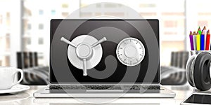 Laptop combination lock safe, isolated, blurry office background. 3d illustration.