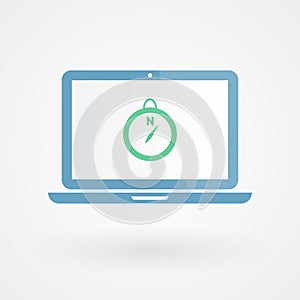 Laptop and compass. Concept of adventure, orientation. Vector illustration, flat design photo