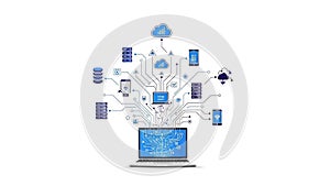 A laptop with a complex network of cloud computing and data storage connections