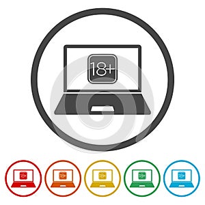 Laptop computer with 18 plus ring icon, color set