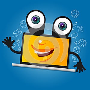 Laptop computer big eyes character cartoon smile with hands yellow mascot face happy