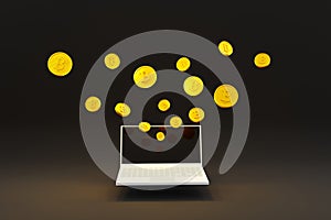 Laptop computer with Bit coin crypto currency money Business wealth finance concept 3d illustration