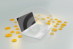 Laptop computer with Bit coin money Business wealth finance concept in dark background, 3d illustration