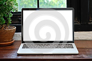 Laptop computer with blank screen for mock up template background, business technology and lifestyle background concept