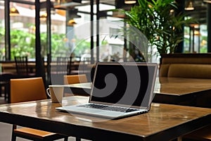 laptop computer blank white screen and mobile on table in cafe