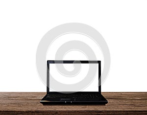 Laptop computer blank white screen, on wood table, isolated on white background. Clipping path included