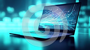 A laptop computer with a blue background, AI