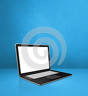 Laptop computer on blue office scene background