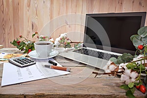 Laptop computer, calculator, coffee and money on a rustic table with autumn branches against a wooden background, home office