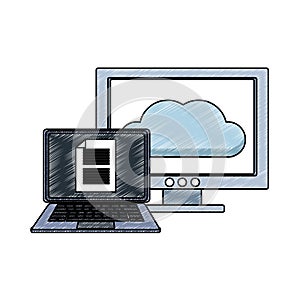 Laptop and computer with cloud computing scribble