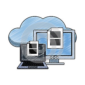 Laptop and computer with cloud computing scribble