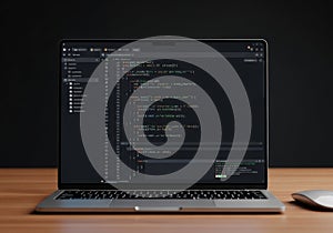 Laptop Computer with Coding Software on Screen in Modern Workspace