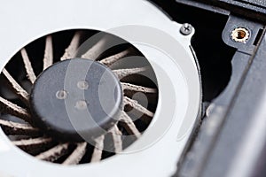 Laptop computer cooling system element. fan at cpu. replacement and repairing hardware