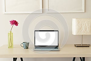 Laptop computer on desk showing white screen