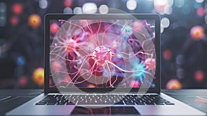 A laptop computer displaying an image of neurons and brain cells on the screen, Ai Generated